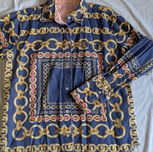 Tizzie Linen/Cotton Button Up Long Sleeve Size XL Chain Print Like New Raw Hem